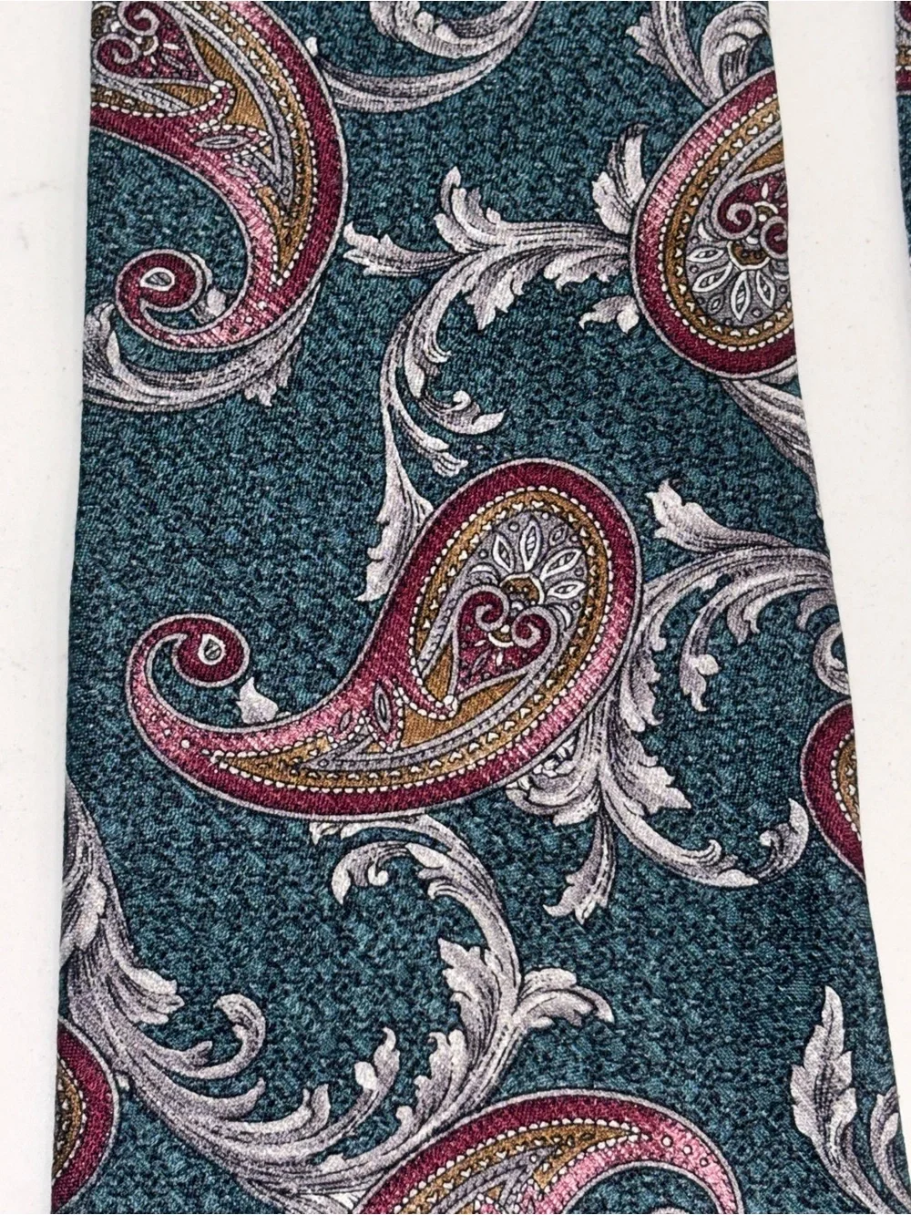 EVAN PICONE Paisley in Teal Green, Gray, and Pink/Cranberry Silk Tie
